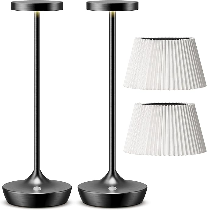 Cordless Table Lamp, Rechargeable Battery Operated LED Desk Lamp, 3-Color Stepless Dimming, Portable & Waterproof, for Restaurants, Bedrooms, Bars, Outdoor Parties, Camping (2X Black+Shade)