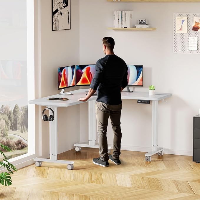 Flycity Electric L Shaped Standing Desk Adjustable Height, 63" x 55" Corner Stand Up Desk, Home Office Desk, Dual Motor Sit Stand Desk, Computer Desk with 3 Memory Preset & Lock, White