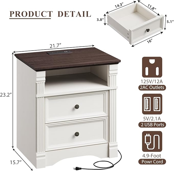 Yaamizz Farmhouse Nightstands with Charging Station, Table with Drawer and Storage Shelf, Wood Pilasters and Metal Handles, Vintage Design, Organizer for Bedroom, Hallway, White