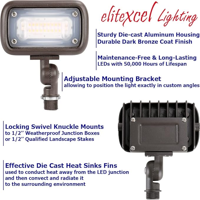 Gen2 Outdoor LED Landscape Light - 50W MH Equal, Waterproof, 15W, 1370 Lumen, 3000K Warm White - Backyard Walkway Security Light, 1/2" Knuckle Mount, 120-277V, 5 Year Warranty