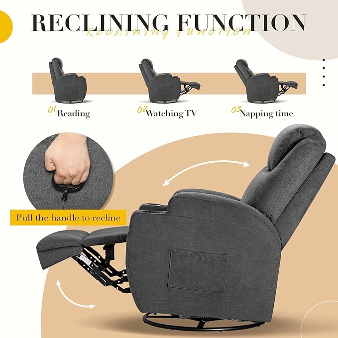 Recliner Chair, 360° Swivel Rocker Chair for Adults, Rocking Recliner Chair with Massage, Comfy Single Sofa with Side Pockets Cup Holders for Living Room, Bedroom, Nursery (Fabric, Dark Gray)