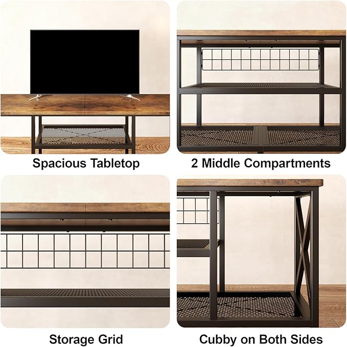 Gizoon 59.8" Industrial TV Stand for 55-65 Inch TVs, Rustic Brown, 3-Tier Media Entertainment Center with Open Shelves, Metal Frame, Sofa Table for Living Room, Bedroom, Office