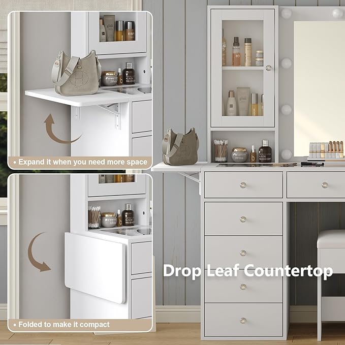 Vanity with Mirror and 10 LED Lights,Vanity Desk with Power Outlet, Makeup Vanity with 12 Drawers and 2 Cabinets, Fold-up Panel, Glass Top Vanity Table with Chair for Bedroom, White