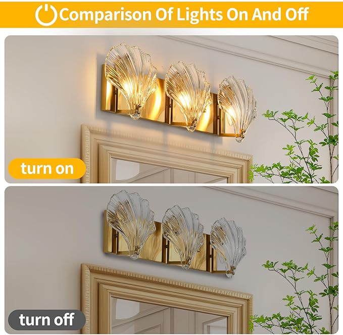 Bathroom Light Fixtures,3-Lights Vanity Lights Over Mirror,Modern Bathroom Wall Light with Clear Shell Shaped Glass Shades,Gold Wall Sconces for Bedroom Living Room Hallway Kitchen.