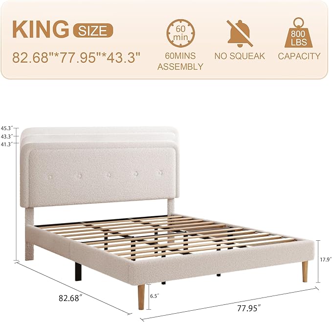 King Size Boucle Platform Bed Frame, Anti-Collision Soft Rounded Corners, Adjustable Headboard, No Box Spring Needed, Easy Assembly, Noise Free, White