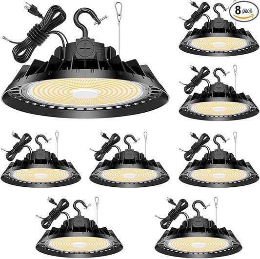 8Pack LED High Bay Lights, 150W UFO High Bay LED Shop Lights, 22500LM Adjustable CCT(5700K 5000K 4500K) & Power(150W 120W 80W), 0-10V Dimmable, 5' Cable Plug, IP65 Waterproof, ETL & DLC Listed