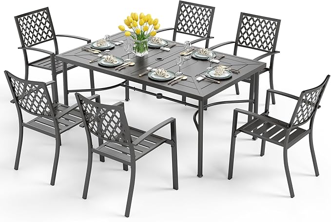 PHI VILLA 7-Piece Outdoor Dining Set, Rectangular Metal Table (64") with Umbrella Hole and 6 Stackable Dining Chairs – Perfect for Patio, Garden, Deck, Porch, and Yard, 7PCS Outdoor Dining Set Style 1