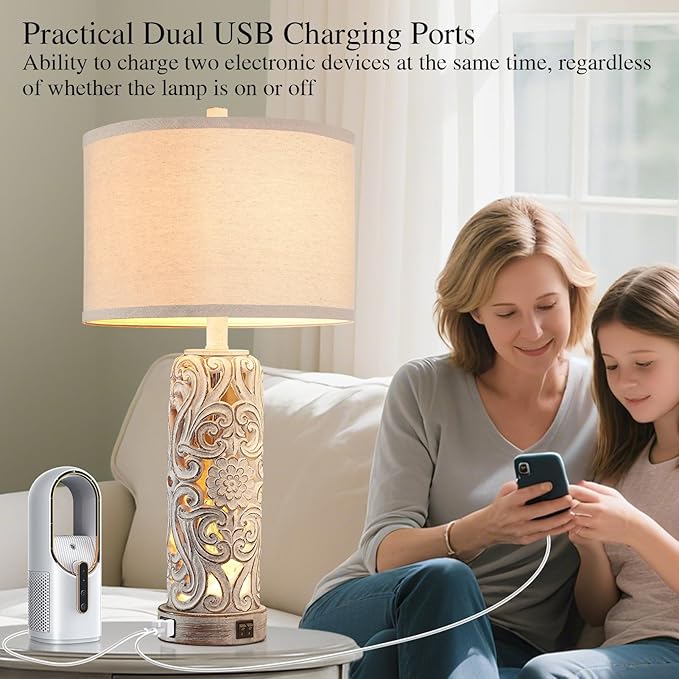 RORIANO Rustic Farmhouse Table Lamps for Living Room Bedroom, Vintage Bedside Lamp with Dual USB Port, Antique White Resin Retro Nightstand Lamps with Night Light, Bulbs Include