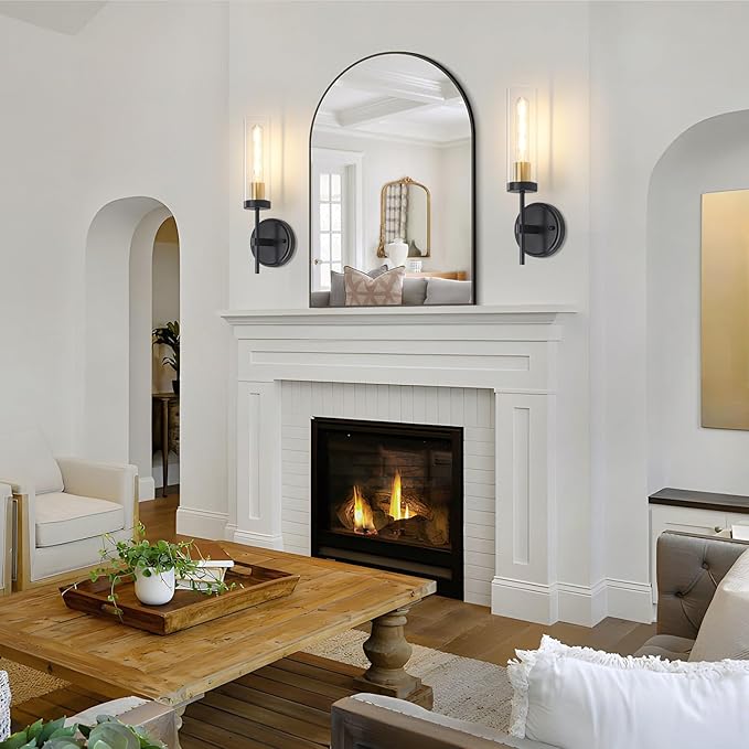 Wall Sconces Set of 2, Black and Gold Modern Bathroom Vanity Lights with Clear Glass, Sconces Wall Decor Set of 2, Hardwired wall Sconce Lighting, Indoor Wall Lights for Bedroom Living Room Hallway