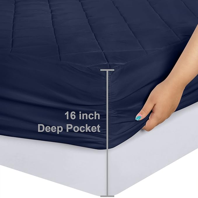 Utopia Bedding Quilted Fitted Mattress Pad, Full Size, Elastic Fitted Mattress Topper Protector and Cover Stretches up to 16 Inches Deep, Machine Washable (Navy)