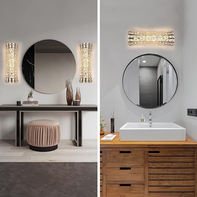 Crystal Wall Sconces,Modern Wall Light Fixtures,Luxury Indoor Chrome Wall Lamp for Living Room Bedroom Bathroom Hallway Doorway Stairway,Bedside,Tricolor Vanity Lighting Fixture