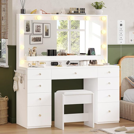 Hasuit Makeup Vanity Desk with Large Lighted Mirror and 9 Drawers, Large Vanity Desk with Storage Rack, Hook, Crystal Handle, White Bedroom Dressing Table Set with Charging Station, Lights Adjustable