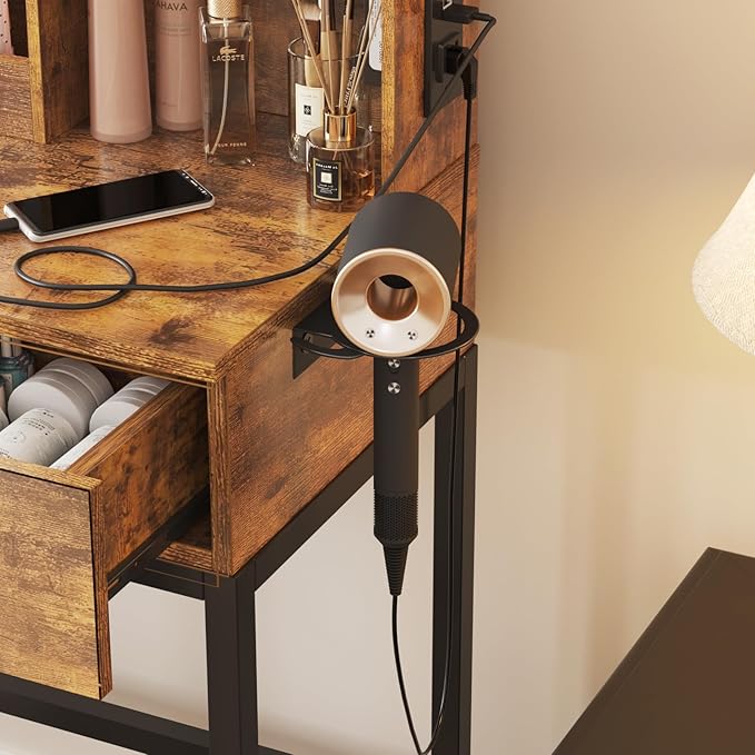 Makeup Vanity Desk with Round Mirror and Lights, Vanity Makeup Table with 2 Drawers, Small Vanity Table for Bedroom with Lots Storage (Brown with Charging, 15.75 * 31.5 * 53.6in)