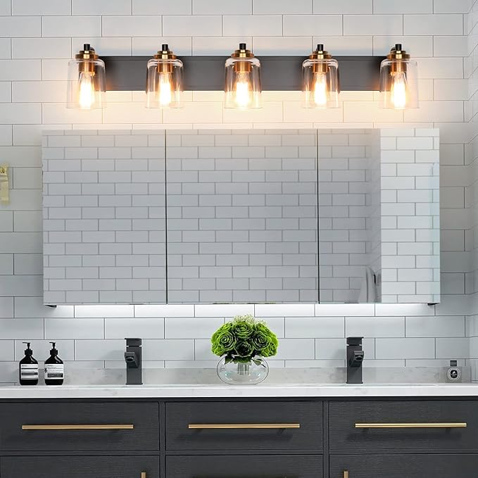 SOLFART 5 Lights Vintage Vanity Lighting Over Mirror Brass Bathroom Vanity Light Fixtures Thick Globes 8580 Lights