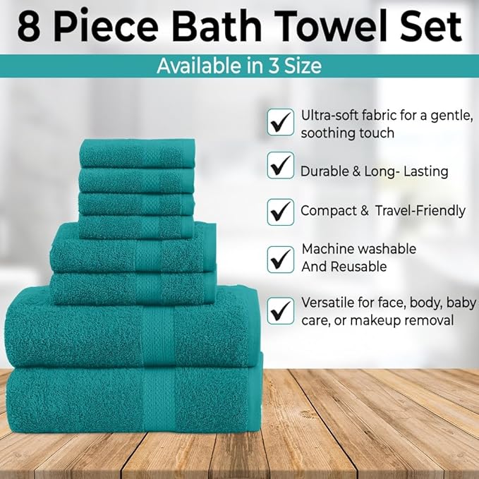 Pack of 8 Towels Set, 2 Large Bath Towels, 2 Hand Towels, 4 Wash Cloths, 100% Cotton, Lighter Weight, Quicker to Dry, Super Absorbent, Perfect for Bathroom (Teal)