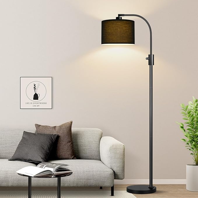 【Upgraded】 Dimmable Black Floor Lamp, 1200 Lumens LED Bulb Included, Arc Floor Lamps for Living Room Modern Standing Lamp with Black Shade, Tall Lamp for Living Room Bedroom Office Reading Room Office