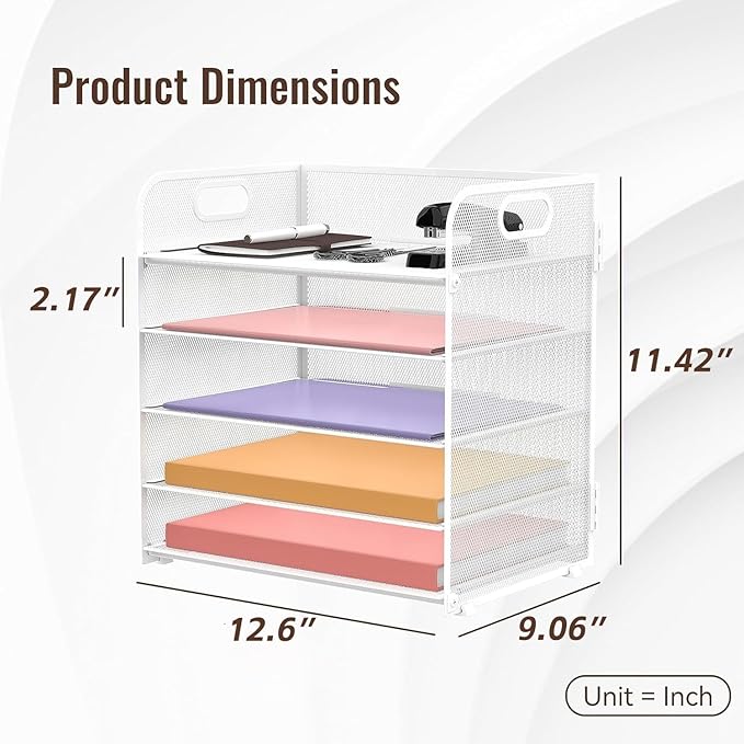 2 Pack 5-Tier White Desk Organizer with Handle Mesh Desk File/Paper Organizer Letter Tray for Office, School and Home Easy Installation