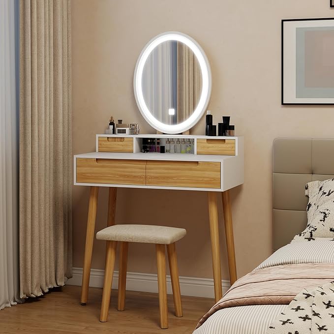 YOURLITE Makeup Vanity Desk with Lights, Small Vanity with Adjustable Brightness Mirror for Small Spaces, Dressing Table with Drawers (31.5", Oval Mirror Wood)