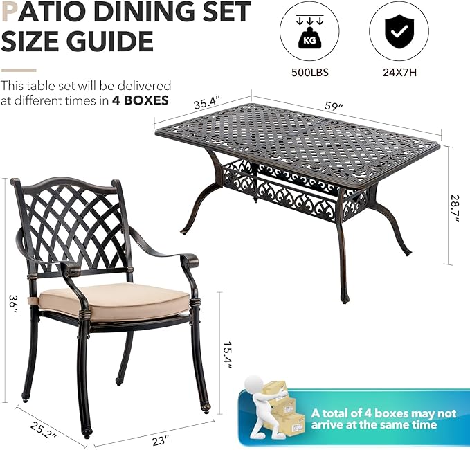 7 Piece Outdoor Dining Set Cast Aluminum, Retro Patio Dining Furniture Set for 6 Includes 59” Rectangular Table 2 Swivel Chairs with Thicker Cushions and Umbrella Hole for Patio Deck Garden