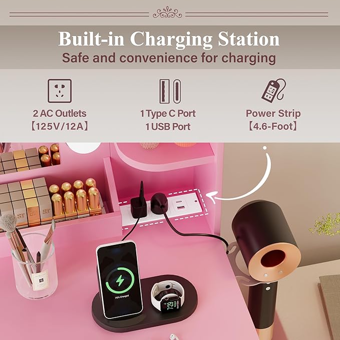 JUMMICO Makeup Vanity Desk with Large Mirror and Lights, Vanity with Power Strip and Hairdryer Holder, 6 Open Shelves and 7 Drawers Modern Dressing Table, for Bedroom (Pink)