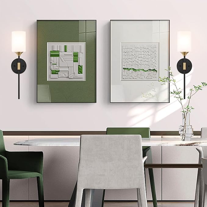 Industrial Mid Century Wall Sconce Set of 2 with White Cylinder Glass Shades Modern Bathroom Vanity Wall Lamp Black and Gold Finished Wall Light Fixture