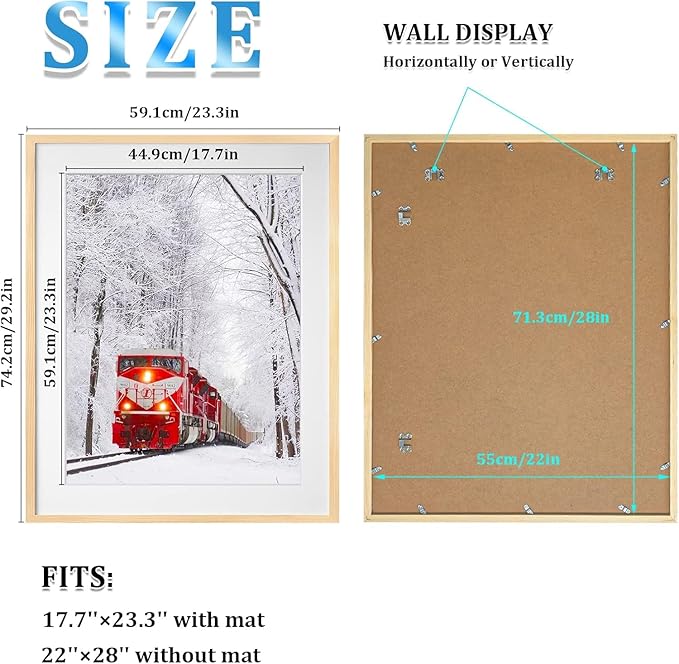 Egofine 22x28 Solid Wood Picture Frame, Made of Solid Wood Covered by Plexiglass 18x24 with Mat 22x28 without Mat, Poster Frame for Wall Mounting Hanging Photo Vertically or Horizontally, Natural Wood