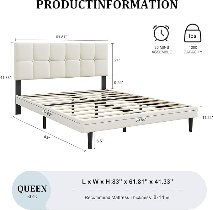 Queen Size Bed Frame, Queen Size Platform Bed Frame with Headboard, Upholstered Headboard, Sturdy Wooden Slats, Noiseless No Box Spring Required, Easy to Assemble, Beige