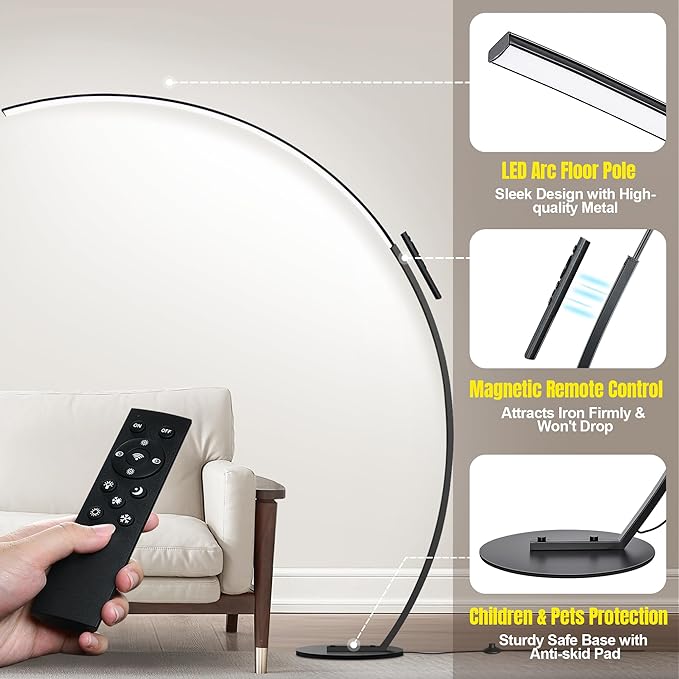 Dimmable LED Lamps for Living Room with 3 Color Temperatures, Ultra Bright 2000LM Arc Floor Lamps, Modern Standing Tall Lamp with Remote Control Reading Floor Lamp for Bedroom Office Classroom