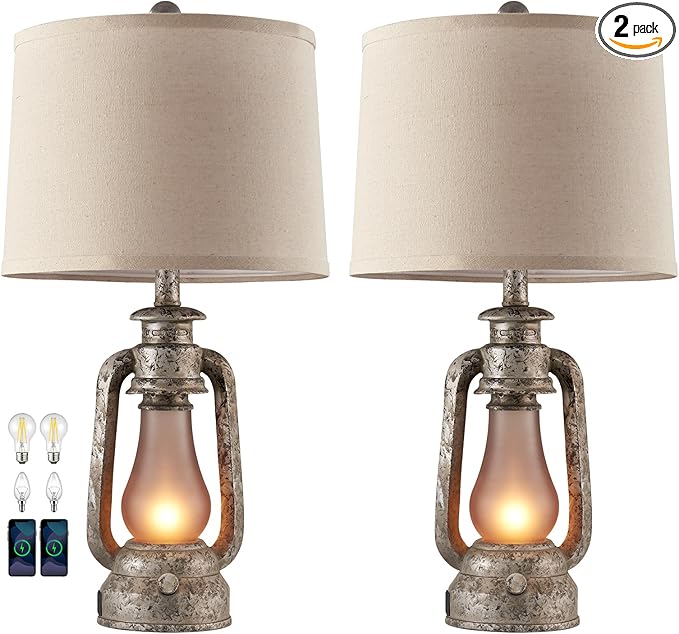 RORIANO Farmhouse Rustic Table Lamps for Living Room Set of 2,Vintage Lantern Table Lamp with Dual USB Ports, 25" Tall Retro Bedside Lamp for Bedroom Nightstand, 4 Bulb Included (Iron Gray)