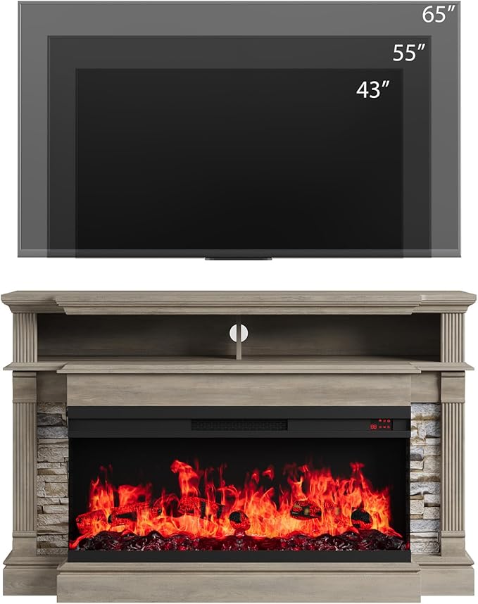 QUW Fireplace TV Stand for TVs up to 65", Farmhouse 52" Fireplace Entertainment Center with 36" 3-Side Glass Electric Fireplace, TV Console with Open Storage Shelves for Living Room, Grey