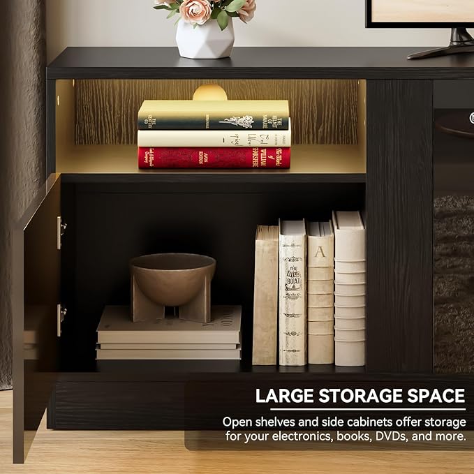 oneinmil 80” TV Stand with 36” Electric Fireplace, Large Modern Media Entertainment Center with Storage Cabinet and 12 Colors LED Lights for TVs Up to 90", Black TV Stand and Black Fireplace