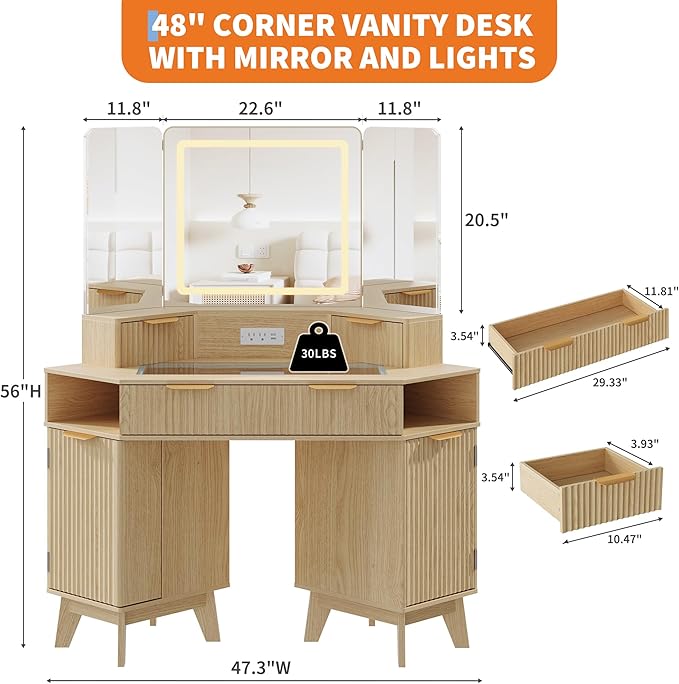 48 Inch Fluted Makeup Vanity Desk with Mirror and Lights, Modern Corner Makeup Vanity with Glass Top, Charging Outlet & 3-Panel Lighted Mirror, Dressing Table for Bedroom