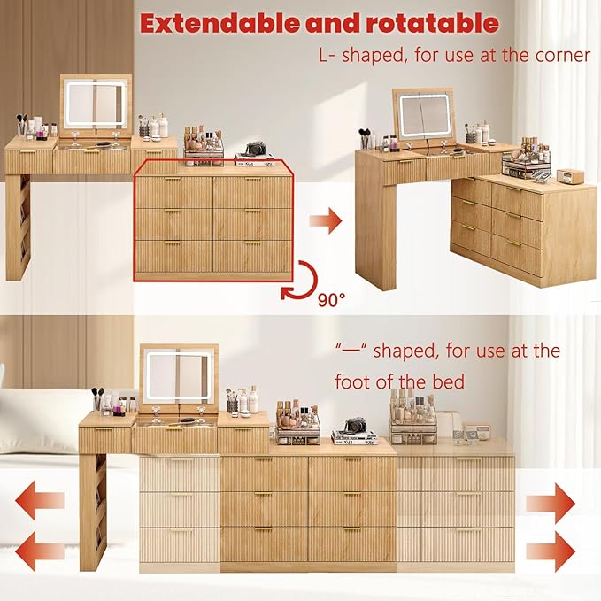 Fluted Vanity Desk with Flip Top Mirror and Lights, Wooden Makeup Vanity Desk with Glass Top & USB Ports, Modern Extendable Dressing Table with 9 Drawers Dresser and Cabinet, Dresser for Bedroom (Oak)