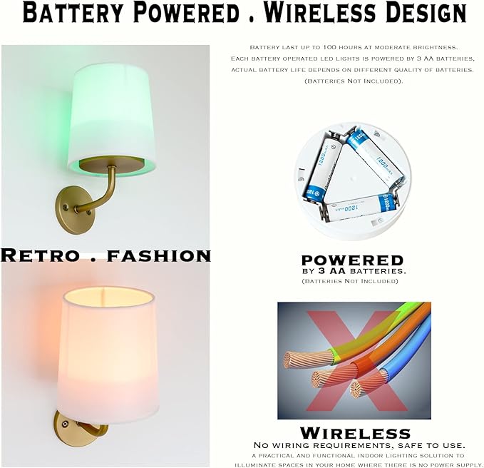 HEQIQEH Rustic Vintage Battery Operated RGB Wall Sconce Light Fixture with Remote Control, Flared Funnel Linen Fabric Shade Dimmable Nightstand Lamps for Bedroom Bedside, 2 Packs (Antique-2)