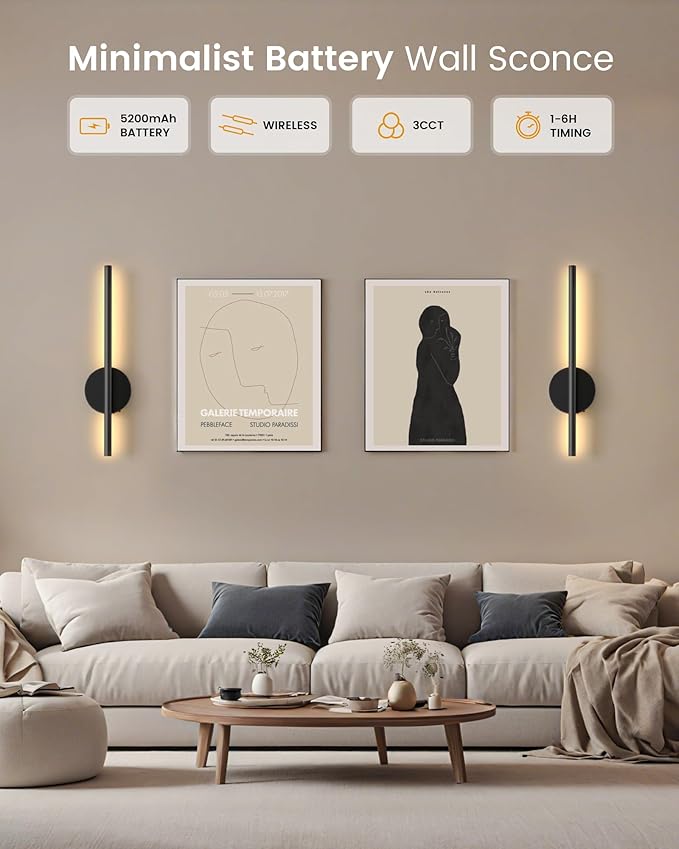 NIORSUN 15.7 Inch Battery Operated Wall Sconce Set of 2, Black Minimalism Rechargeable Wall Lights with Remote, 3CCT Dimmable Wireless Wall Lamp for Living Room Bedroom Hallway