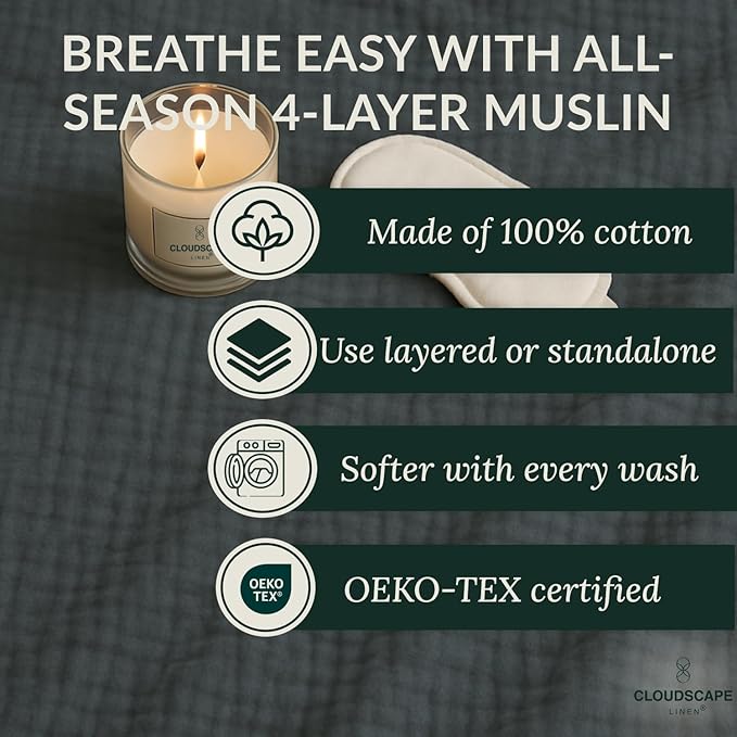 Extra Large 4 Layer Muslin Throw Blanket, 100% Cotton Blanket for Couch, Bed,Sofa, Home Decor,Pre-Washed Gauze, Best Summer Blanket, 50x70, Dark Grey