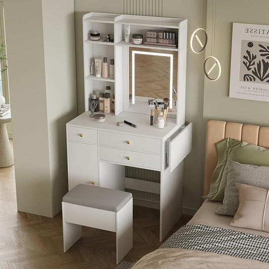 ARTETHYS Vanity Desk with Mirror and Lights White Makeup Vanities Set with Storage Chair Dressing Table with Drawer and Fold-up Panel for Bedroom
