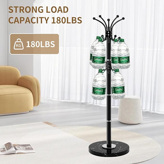 Metal Heavy Duty Coat Rack Stand, Modern Freestanding Coat Rack with Natural Marble Base, 360° Roraty Coat Racks with 16 Hooks, Black Coat Hall Tree Hanger Stand for Entryway, Office