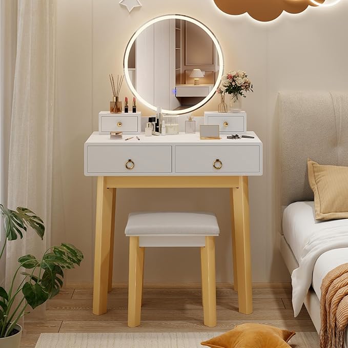 CHARMAID Vanity Desk with Mirror and Lights, White Makeup Vanity Desk with 4 Drawers, 3 Color Lighting Modes, Adjustable Brightness, Modern Dressing Table with Vanity Stool for Girls Small Bedroom