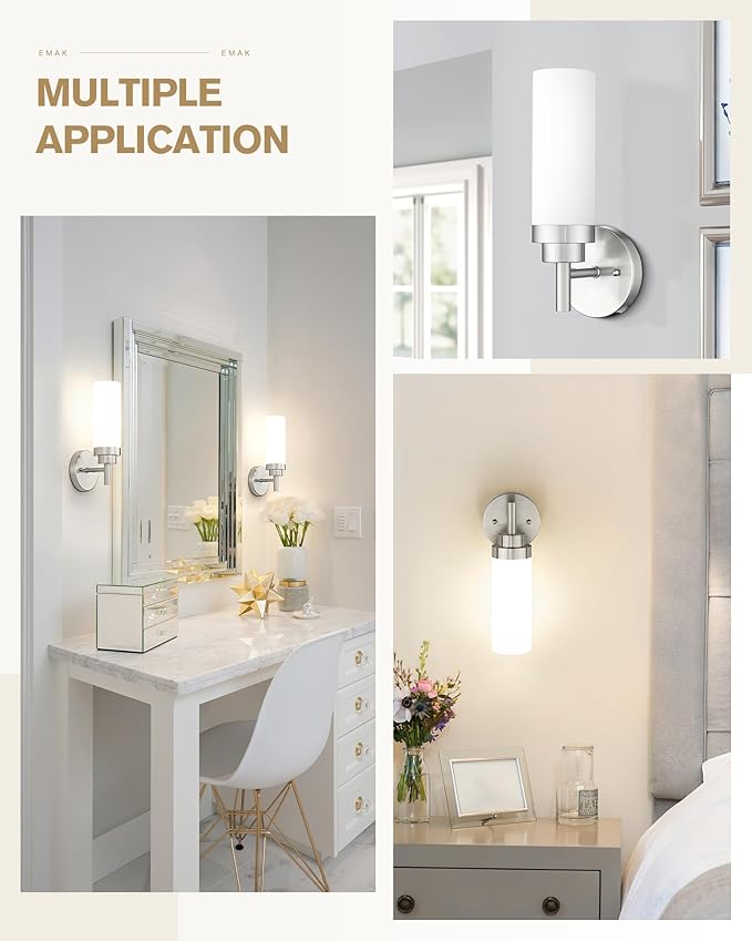 Emak Modern Brushed Nickel Sconces, Bathroom Vanity Light with Milk Glass Shade, Wall Sconce for Bathroom, Bedroom, Living Room, Hallway, WS085-BN-ML
