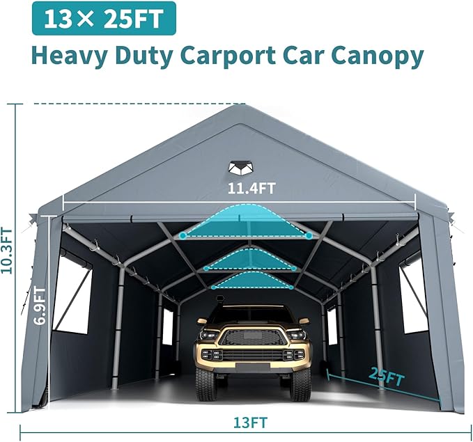 13x25FT Heavy Duty Carport Canopy,Extra Large Portable Car Tent Garage with Roll-up Windows and All-Season Tarp Cover,Removable Roof &Side Walls for Car, SUV,Boats&Truck Shelter Logic Storage