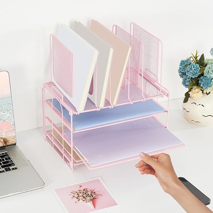 Desk Organizers and Accessories, 3-Tier Paper Organizer with 5 Vertical File Holders, File Organizer for Desk (Pink, 3T)