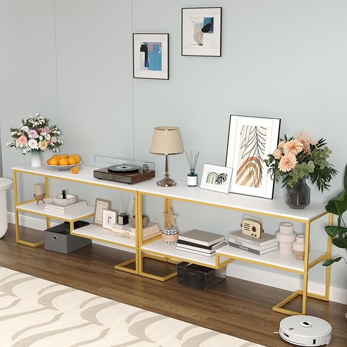 TV Stand for TV up to 60 Inch, TV Console Table with Open Storage Shelves, Industrial Media Entertainment Center for Living Room, Bedroom, Gold and White
