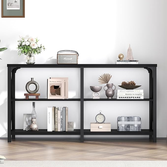 LVB Black Console Table, Modern Entryway Table with 3 Tier Storage Shelves, Industrial Sofa Table Behind Couch for Living Room, Farmhouse Wood Metal Entry Table for Hallway Foyer, Black Oak, 55 Inch