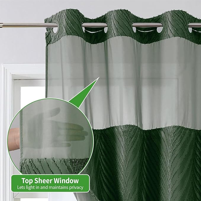No Hook Shower Curtain and Liner Set,No Hook Tufted Striped Textured Shower Curtain with Snap in Liner Replacement and Waterproof Fabric,Boho Style with See Through Top Window,DarkGreen,71Wx86H