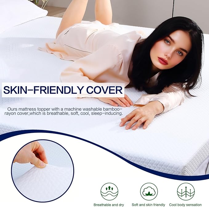 Twin Memory Foam Mattress Topper, Twin Size Mattress Topper 3 Inch High Density Mattress Pad Comfort Cooling, Bed Topper with Removable Cover, 4 Elastic Straps White CertiPUR-US Certified