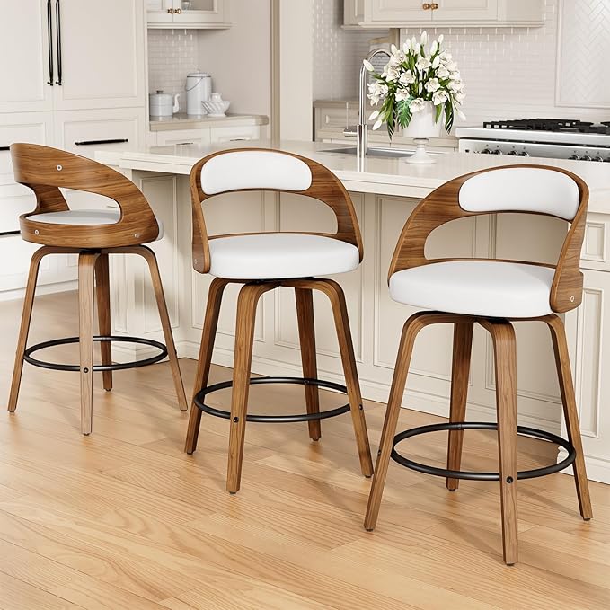Swivel Bar Stools Set of 8, 26" Counter Height Bentwood Barstool, Mid-Century Modern PU Leather Upholstered Bar Chair with Back and Footrest, for Kitchen Island, Bar, Cafe, Dining Room, White
