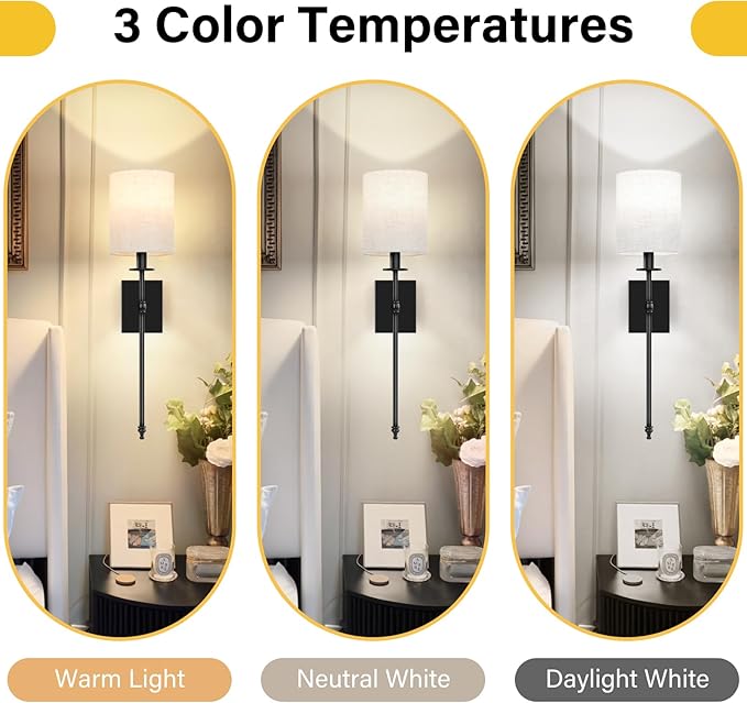 27 inch Battery Operated Wall Sconces Set of 2 with Remote, Rechargeable Wireless Wall Lights with Beige Fabric Shade, Indoor Not Hardwired Dimmable for Bedroom Living Room Decor