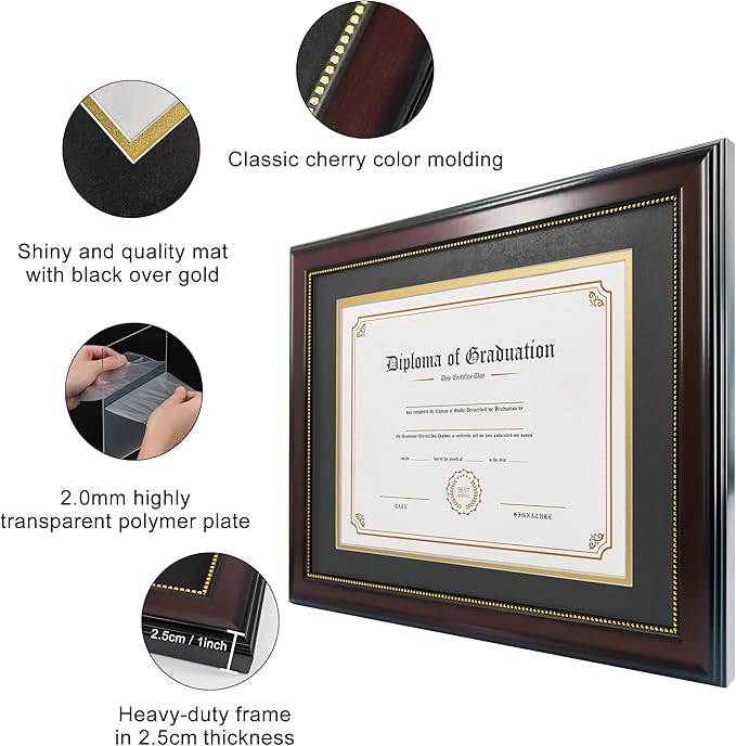 GraduatePro 8.5x11 Diploma Frame with Black Over Gold Mat or Display 11x14 Document Without Mat, CPA License Frame, UV Protection Acrylic, Mahogany with Gold Beads, Pack of 2