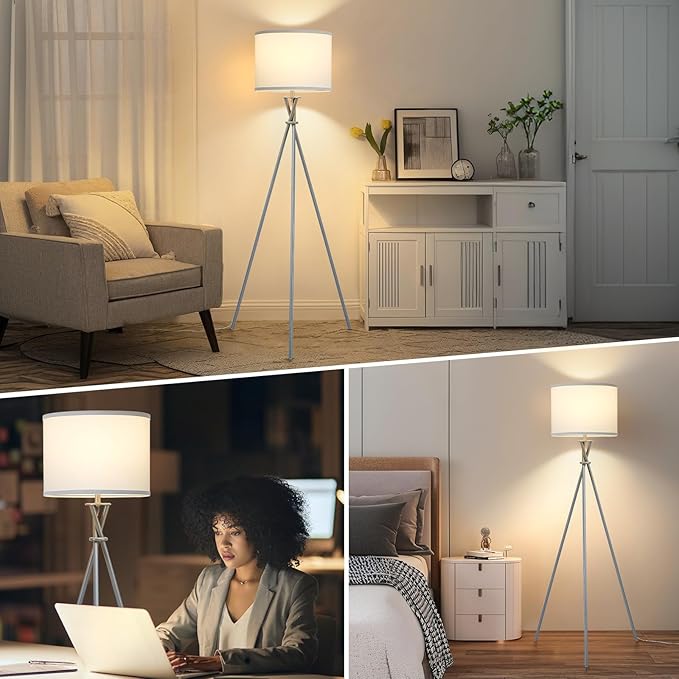 Tripod Floor Lamp Silver, 61”Tall Floor Lamps, Standing Lamp with Rotary Switch, Modern Floor Lamp Simple Design with White Shade, Floor Lamps for Living Room, Bedroom, Office, Without Bulb